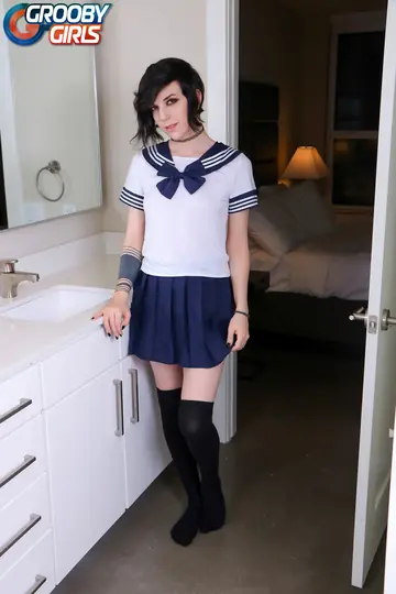 Trans Woman Poses in a Uniform and Panties