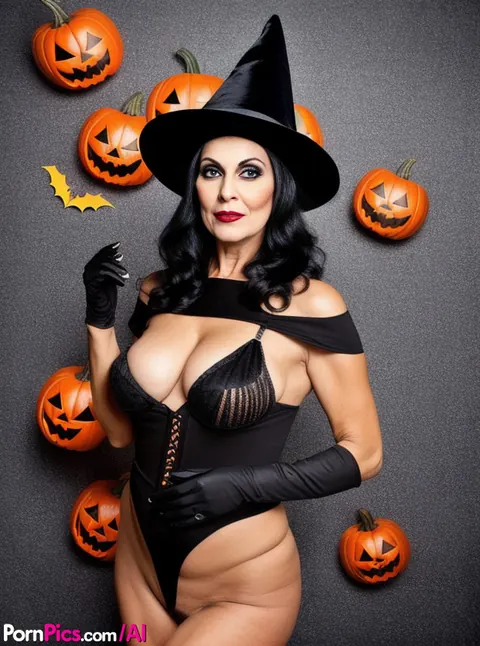 Short-Haired Mature Woman Poses in AI-Generated Halloween Set – photo 4 of 10