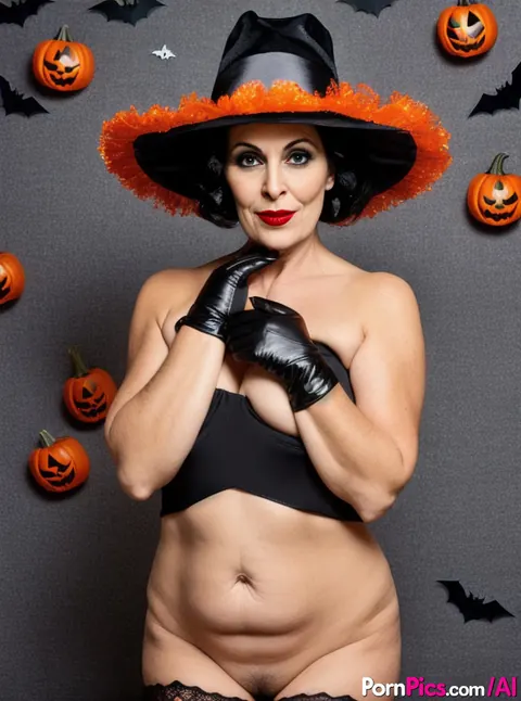 Short-Haired Mature Woman Poses in AI-Generated Halloween Set – photo 5 of 10