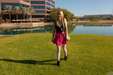 Mindy Corin: Petite Blonde in Glasses Flashes Panties and Stockings Outdoors – photo 12 of 12