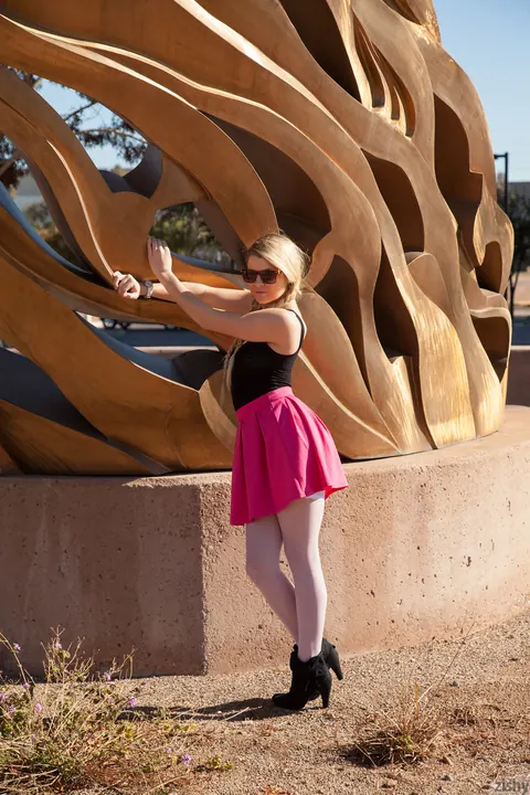Mindy Corin: Petite Blonde in Glasses Flashes Panties and Stockings Outdoors – photo 1 of 12