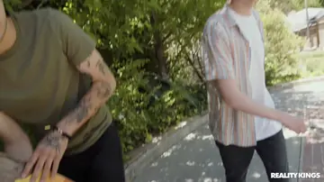 Blonde Russian with Big Natural Tits Sucks and Fucks Two Men Outdoors