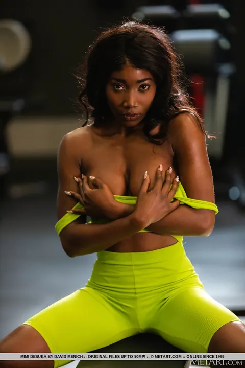 Mimi Desuka: Ebony Babe with Big Natural Tits Poses Nude in the Gym – photo 6 of 18