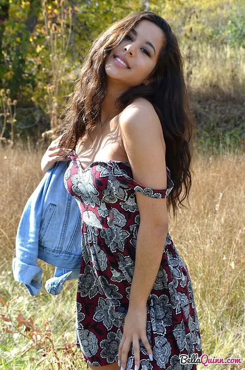 Bella Quinn: Brazilian Latina Teases Her Boobs in a Skirt Outdoors – photo 6 of 12