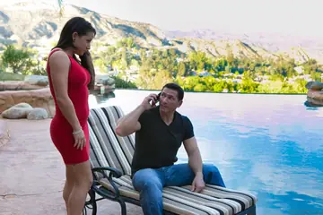 Busty Brunette Sucks Cock and Rides Cowgirl by the Pool