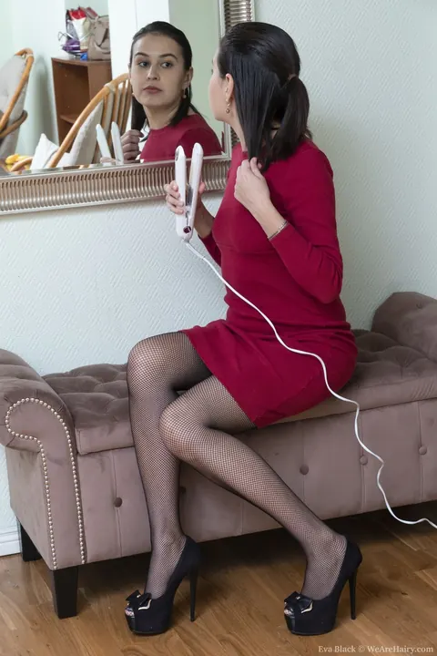 Milly Douche: Hungarian Brunette in Stockings Spreads Her Hairy Pussy on the Sofa – photo 1 of 21