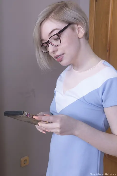 Petite Blonde in Glasses Spreads Her Hairy Pussy – photo 2 of 21