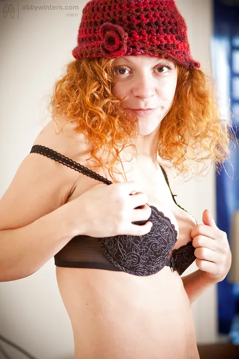Busty Curly Redhead Removes Her Bra and Spreads in Lingerie – photo 4 of 16