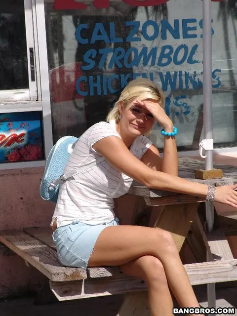 Blonde in Glasses Spreads Her Shaved Pussy Outdoors – photo 4 of 16