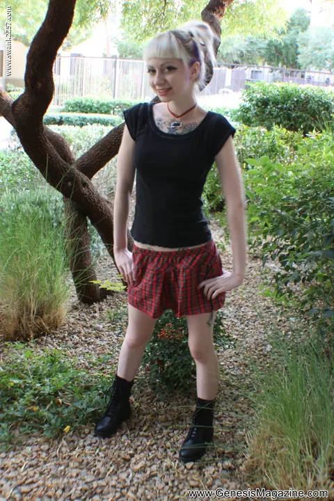 Slim Tattooed Blonde Flashes Skirt Outdoors – photo 15 of 21