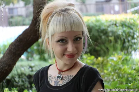 Slim Tattooed Blonde Flashes Skirt Outdoors – photo 21 of 21