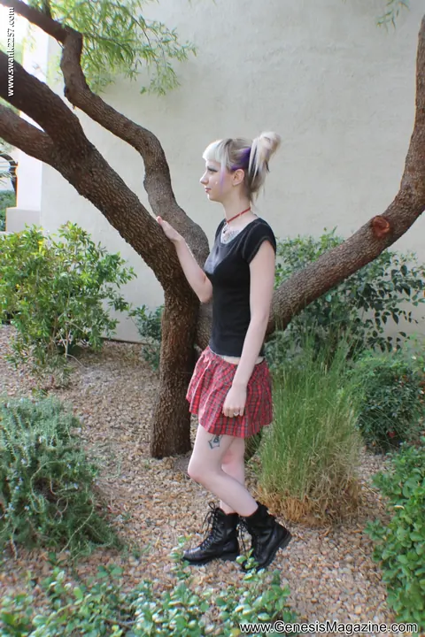 Slim Tattooed Blonde Flashes Skirt Outdoors – photo 6 of 21