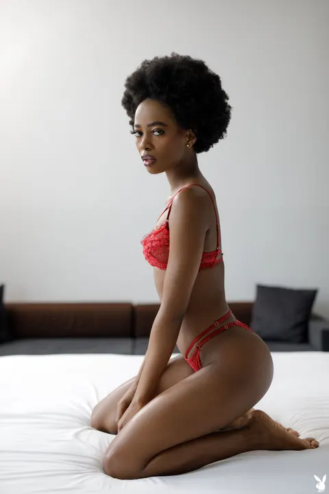 Skinny Ebony Brunette in Lingerie Poses on the Bed – photo 1 of 20
