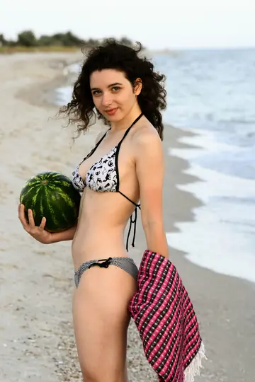 Curly Brunette PAWG Strips Out of Her Bikini on the Beach
