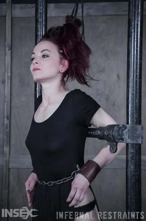 Ivy Addams: Redhead in Stockings Spreads Her Hairy Pussy While Bound in a Dungeon – photo 4 of 14
