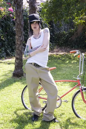 Pale Tattooed Brunette Strips Naked Outdoors After Bike Ride