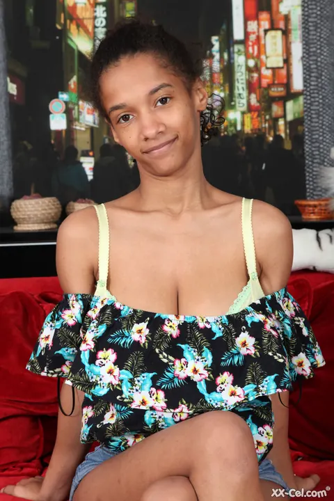 Addison Lorie: Slim Ebony Babe with Big Natural Tits Pulls Aside Her Shorts – photo 1 of 20