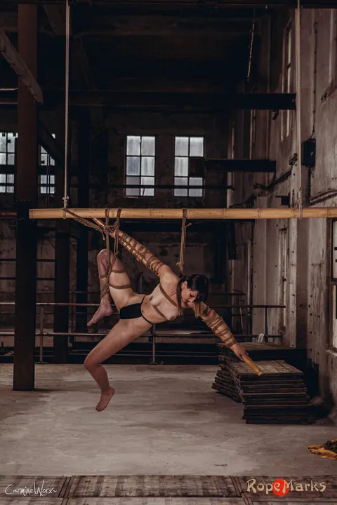 Woman with Pigtails Suspended in Bondage on Bamboo Pole – photo 5 of 16