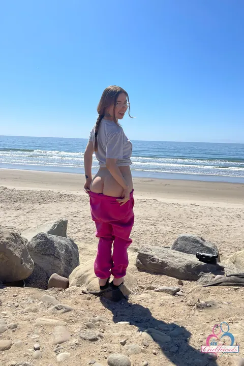 Alina West: Petite Brunette Shows Her Shaved Pussy on the Beach – photo 3 of 21
