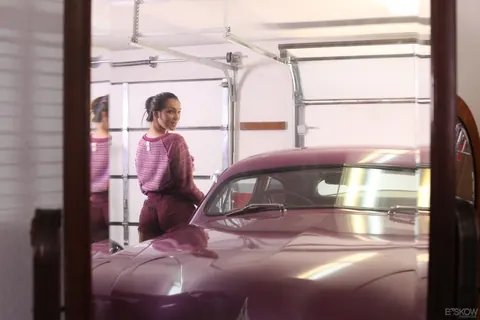 Holly Michaels: Thick Brunette MILF in Shorts Spreads Beside Vintage Car – photo 1 of 16