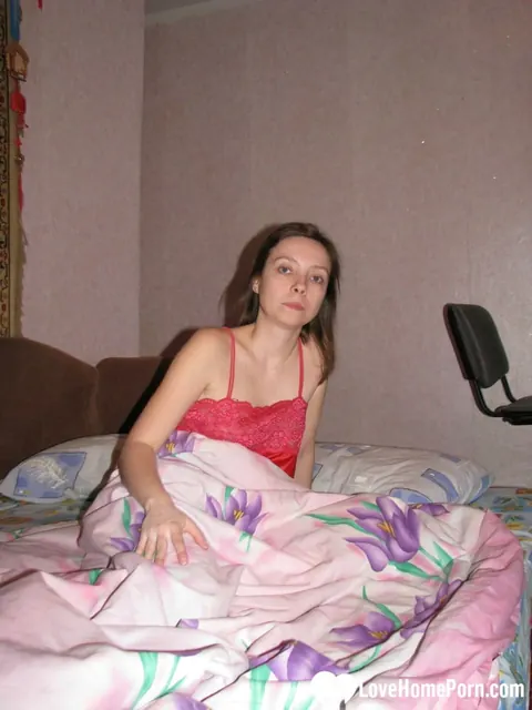 Hairy Brunette Strips Silky Nightgown and Shows Her Body – photo 2 of 20