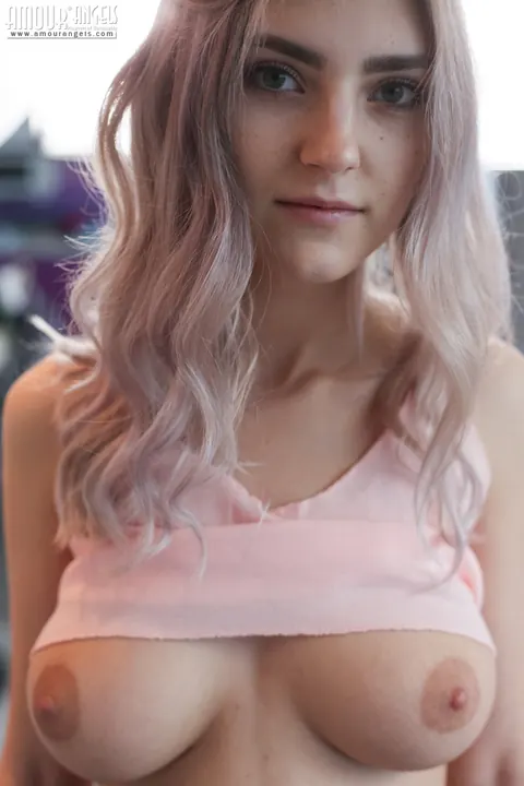 Eva Elfie: Blonde in Pink Socks Strips and Shows Her Big Natural Tits – photo 3 of 20