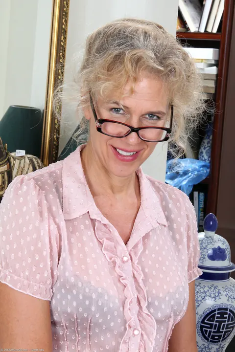 Cally Jo: Curly Blonde MILF in Glasses Strips and Spreads – photo 1 of 20
