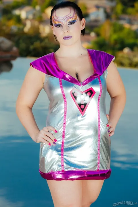 Axis Evol: BBW Brunette Strips Out of Her Uniform Poolside – photo 3 of 17