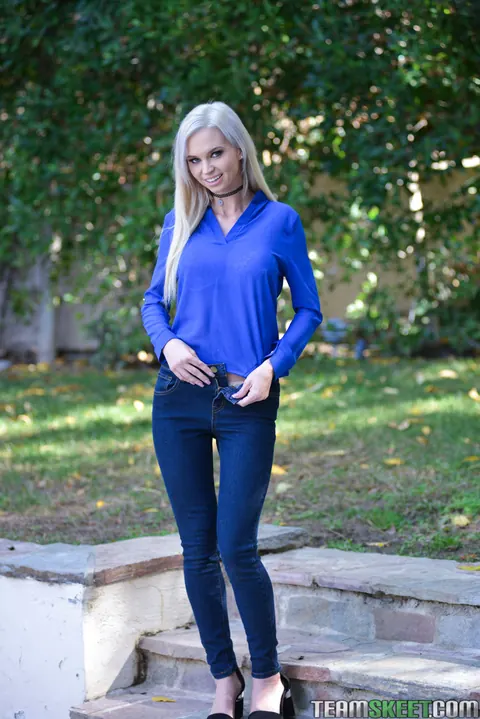 Astrid Star: Petite Blonde MILF with Big Enhanced Tits Spreads Outdoors – photo 4 of 16