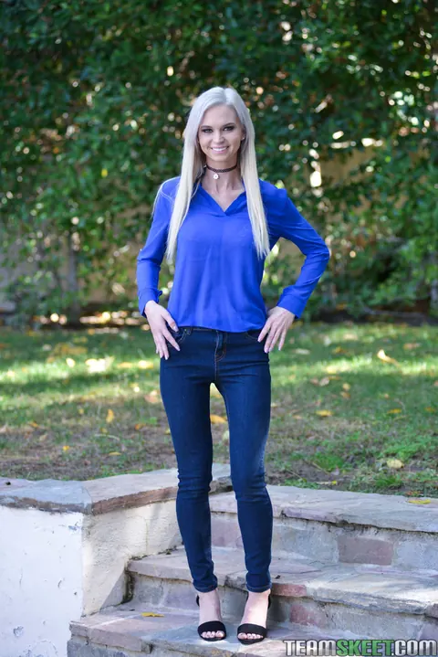 Astrid Star: Petite Blonde MILF with Big Enhanced Tits Spreads Outdoors – photo 1 of 16