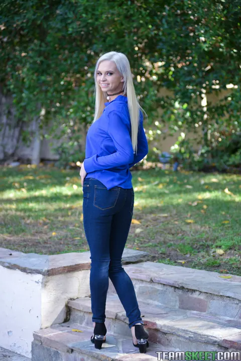 Astrid Star: Petite Blonde MILF with Big Enhanced Tits Spreads Outdoors – photo 2 of 16