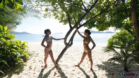 Kitty Fox: Two Petite European Brunettes Spread in Bikinis on a Nude Beach – photo 2 of 21