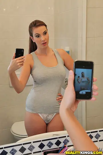 Connie Carter – Busty Hairy Brunette Strips and Spreads in Front of a Bathroom Mirror