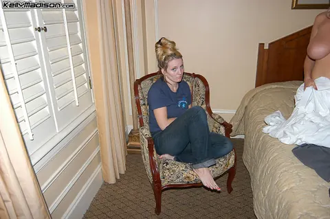Brooke Banner: Tall Blonde MILF in Jeans Strips with a Slim Woman in a Hotel – photo 2 of 16