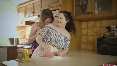 Brunette BBW Spreads Her Hairy Pussy for Lesbian Licking in the Kitchen – photo 4 of 15