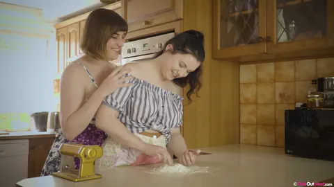 Brunette BBW Spreads Her Hairy Pussy for Lesbian Licking in the Kitchen – photo 3 of 15