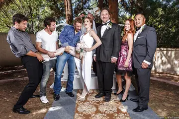 Redhead Bride in Lingerie Has Anal Group Sex Outdoors