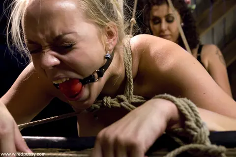 Annette Schwarz: Tall Blonde and Brunette Lesbians Play with Bondage and a Dildo – photo 16 of 20