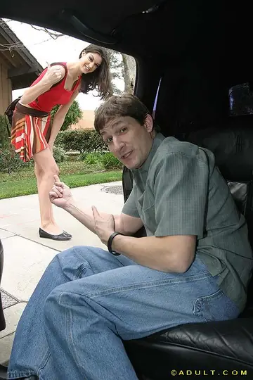 Tall Brunette with Big Natural Tits Gives a Car Blowjob in a Skirt