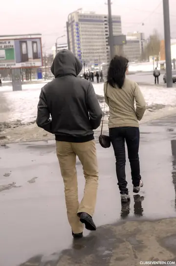 Skinny Brunette in Jeans Gives a Blowjob and Gets Fucked Standing Outdoors