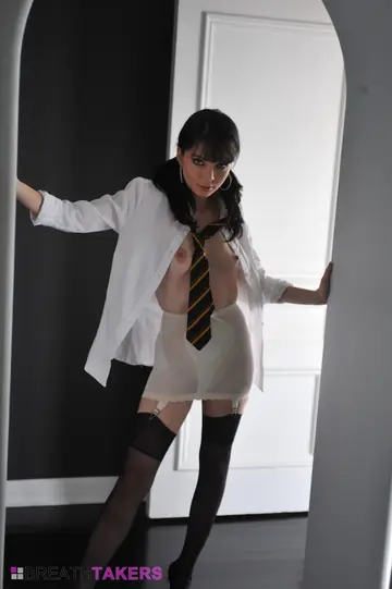 Jessi Palmer – Skinny Brunette Poses in Lingerie, Stockings and a Uniform