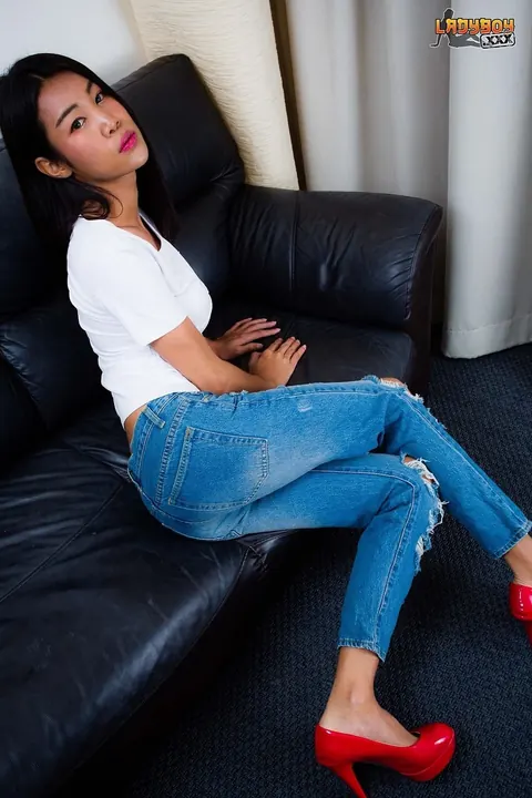 Brunette Trans Woman Plugs Her Ass and Masturbates in Jeans – photo 1 of 16