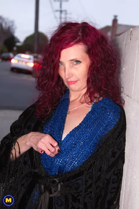 Zinnia Blue: Mature Curly Redhead Spreads Her Legs in Stockings Outdoors – photo 11 of 20