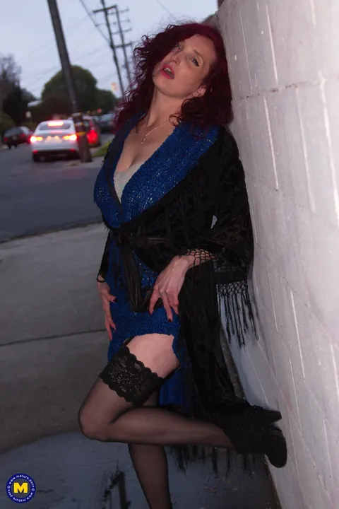 Zinnia Blue: Mature Curly Redhead Spreads Her Legs in Stockings Outdoors – photo 16 of 20