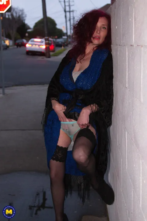 Zinnia Blue: Mature Curly Redhead Spreads Her Legs in Stockings Outdoors – photo 18 of 20