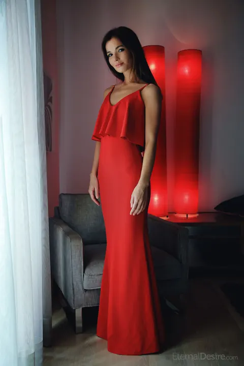Slim Brunette Strips Off Her Red Dress and Spreads Her Legs – photo 1 of 16