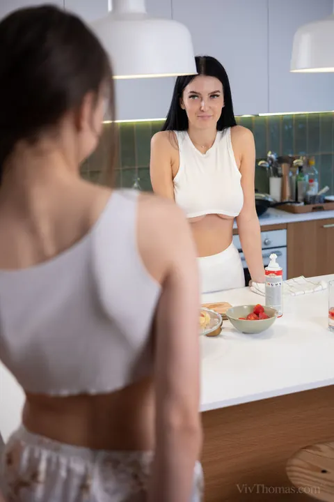 Ella Bonita: Busty Lesbians Lick Pussy and Finger in the Kitchen – photo 1 of 16