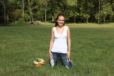 Sadie Grey: Petite Brunette with Natural Tits Fingers Her Shaved Pussy Outdoors – photo 1 of 21