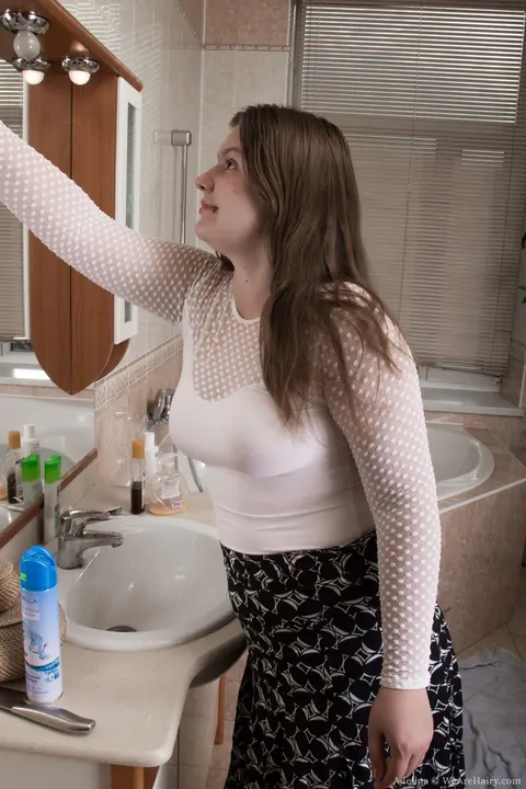 Brunette Wets Her Hairy Bush and Armpits Before Spreading in the Bathroom – photo 1 of 17