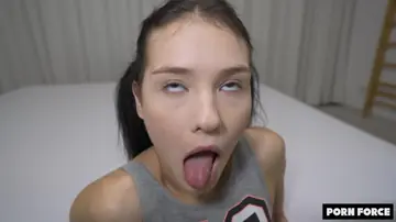 Brunette with Pigtails and Tattoo Sucks and Fucks Doggy